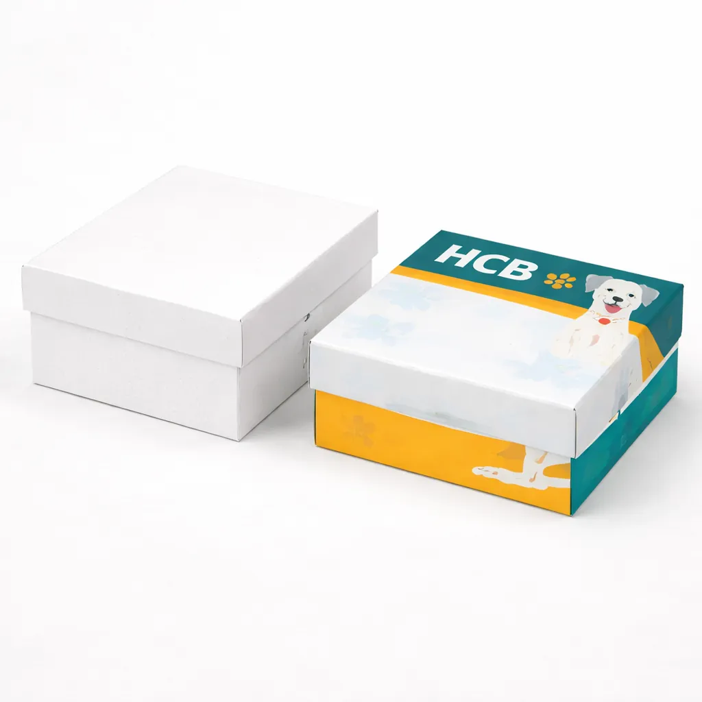 Two square two-piece rigid boxes, one plain white and one featuring a colourful dog illustration. class=